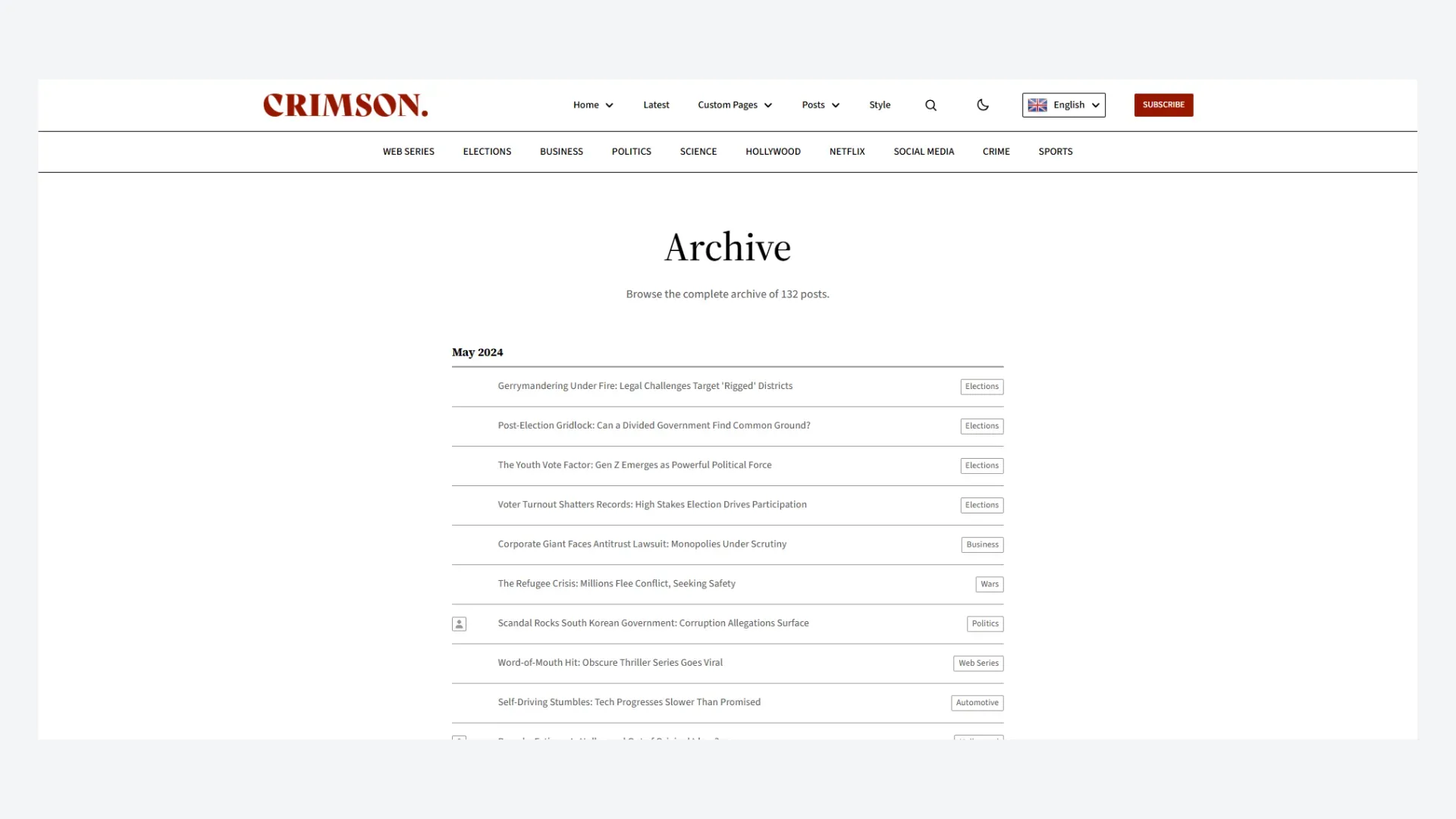 Archive Page in Crimson Ghost Theme