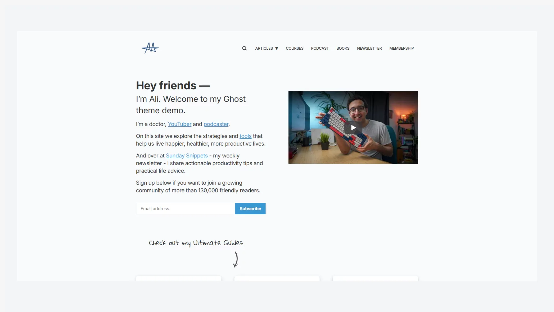 Ali Abdaal Ghost CMS theme for sending Newsletters